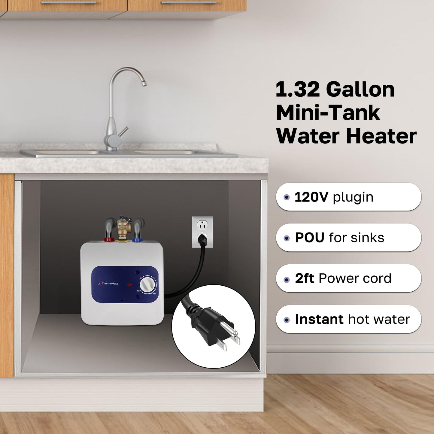Thermomate Mini Tank Electric Water Heater ES700 Hard Wired 6.5 Gallons Point of Use Water Heater for Instant Hot Water Under Kitchen Sink 120V 1440W CAMPAERO