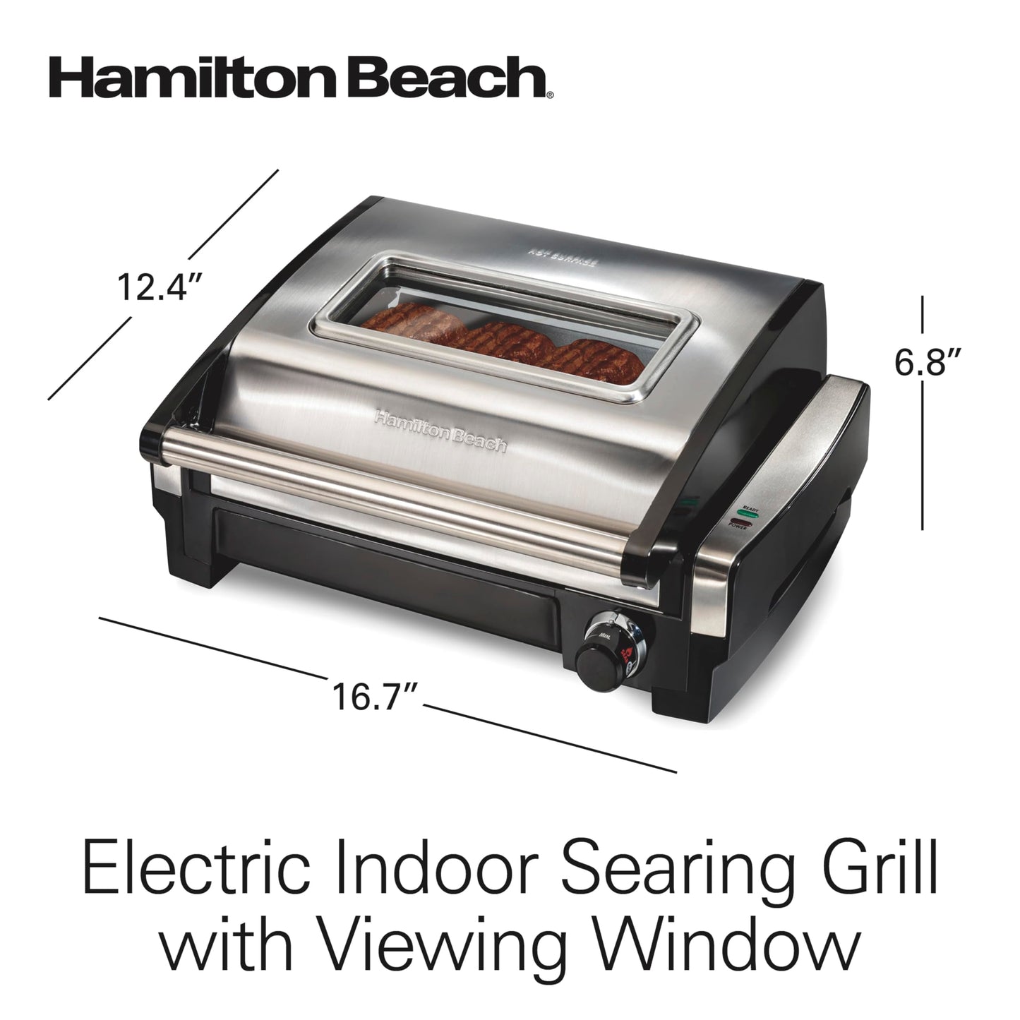 Grill électrique d'intérieur Hamilton Beach avec hublot, plaque antiadhésive amovible et facile à nettoyer, 6 portions, bac d'égouttage extra-large, acier inoxydable. CAMPAERO