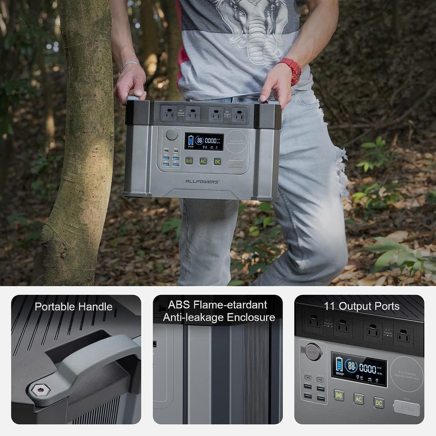 ALLPOWERS S2000 Centrale électrique portable 2000 W (crête 4000 W) Générateur solaire MPPT Batterie de secours 1500 Wh avec 4 prises CA CAMPAERO