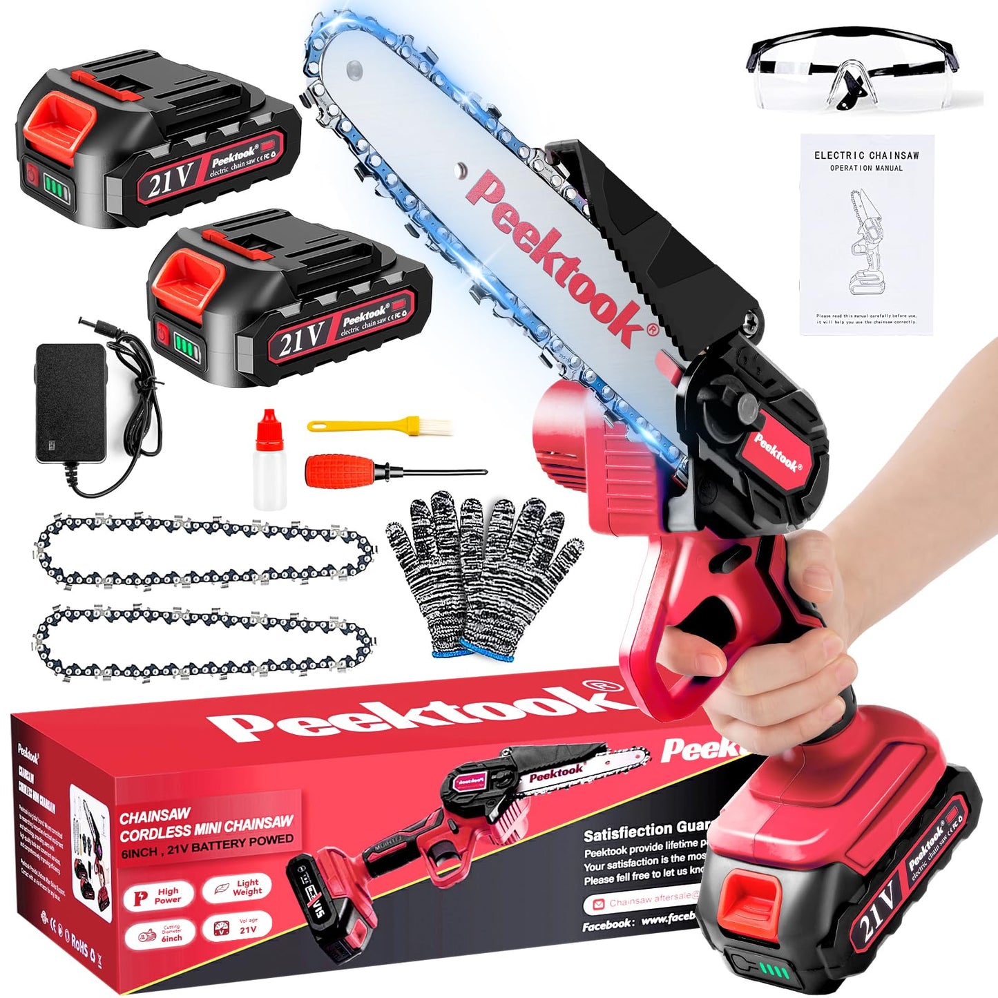 Peektook Mini Tronçonneuse Sans Fil 6 Pouces, Tronçonneuse Électrique avec 2 Grandes Batteries et 2 Chaînes, Scie à Chaîe à Batterie Tronçonneuse à Batterie Légère avec Moteur Puissant pour l'Élagage des Arbres. CAMPAERO