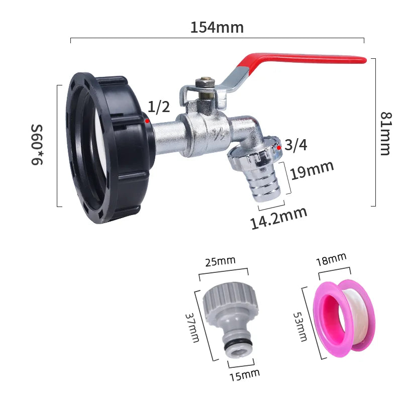S60x6 Coarse Thread IBC Tank Tap Connecter X 1/2'' 3/4'' Water Coupling Adapter 1000L Garden Home Replacement Valve Fitting CAMPAERO