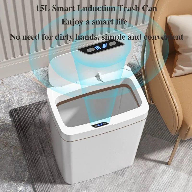 2025 New 15L Smart Trash Can Automatic Touchless Smart Sensor Sensing Trash Can Waterproof Bathroom Kitchen Bedroom Trash Can. CAMPAERO