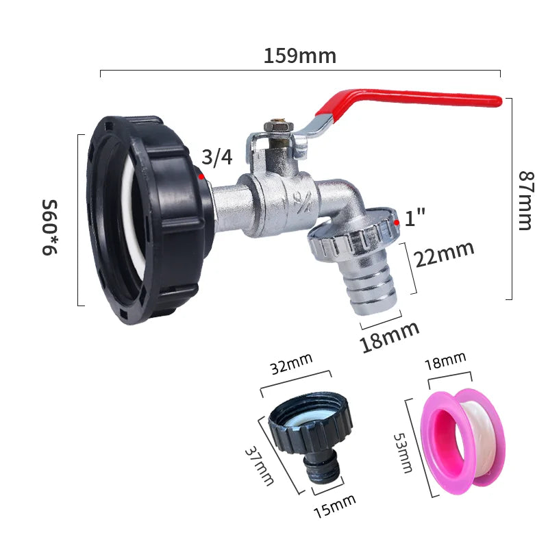 S60x6 Coarse Thread IBC Tank Tap Connecter X 1/2'' 3/4'' Water Coupling Adapter 1000L Garden Home Replacement Valve Fitting CAMPAERO