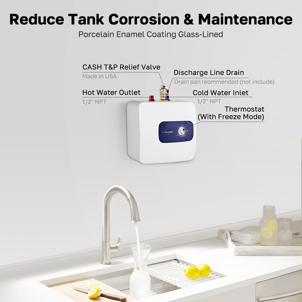 Thermomate Mini Tank Electric Water Heater ES700 Hard Wired 6.5 Gallons Point of Use Water Heater for Instant Hot Water Under Kitchen Sink 120V 1440W CAMPAERO