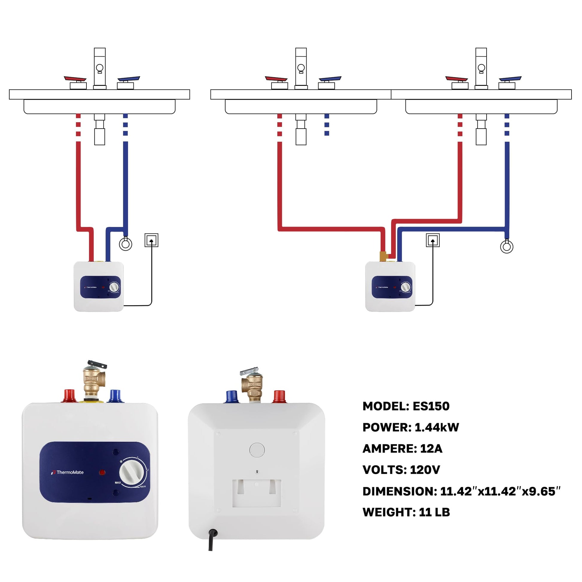 Thermomate Mini Tank Electric Water Heater ES700 Hard Wired 6.5 Gallons Point of Use Water Heater for Instant Hot Water Under Kitchen Sink 120V 1440W CAMPAERO