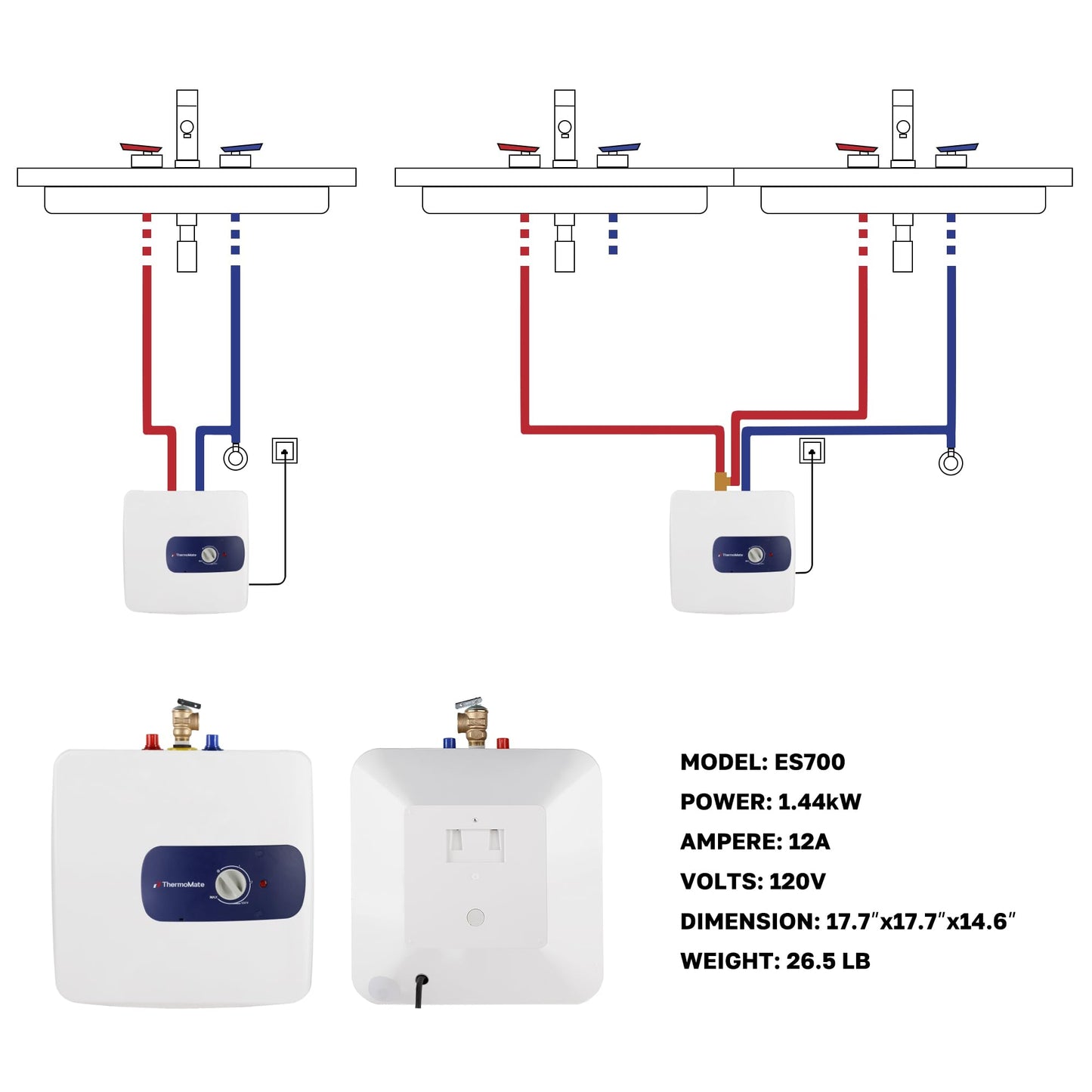 Thermomate Mini Tank Electric Water Heater ES700 Hard Wired 6.5 Gallons Point of Use Water Heater for Instant Hot Water Under Kitchen Sink 120V 1440W CAMPAERO