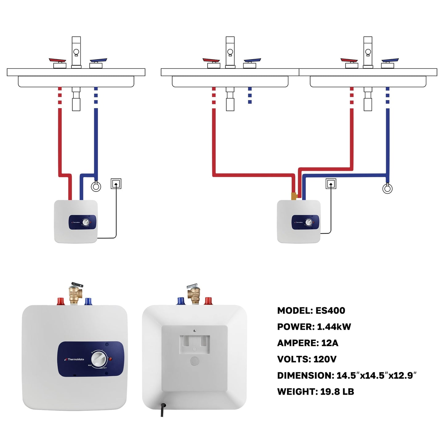 Thermomate Mini Tank Electric Water Heater ES700 Hard Wired 6.5 Gallons Point of Use Water Heater for Instant Hot Water Under Kitchen Sink 120V 1440W CAMPAERO