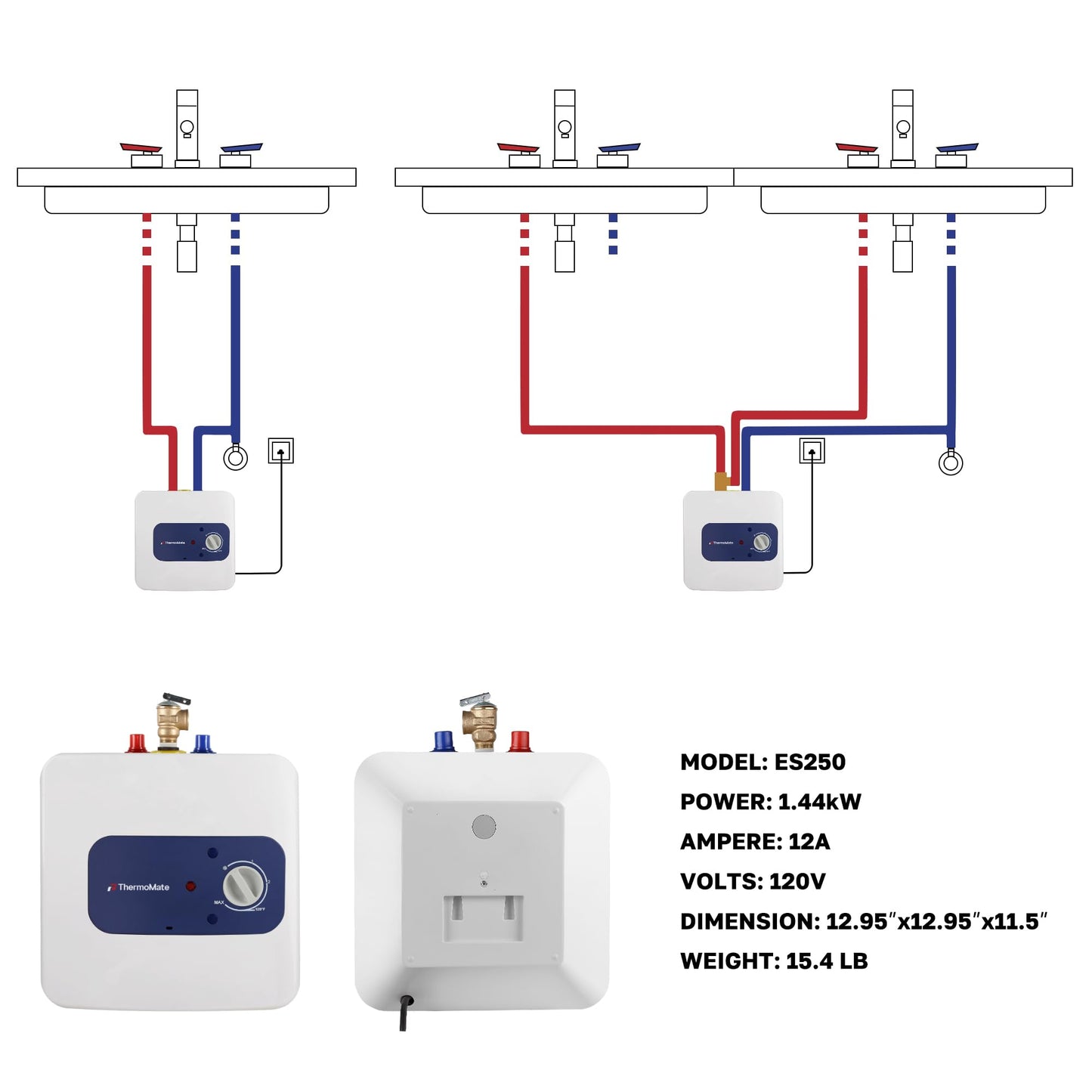 Thermomate Mini Tank Electric Water Heater ES700 Hard Wired 6.5 Gallons Point of Use Water Heater for Instant Hot Water Under Kitchen Sink 120V 1440W CAMPAERO