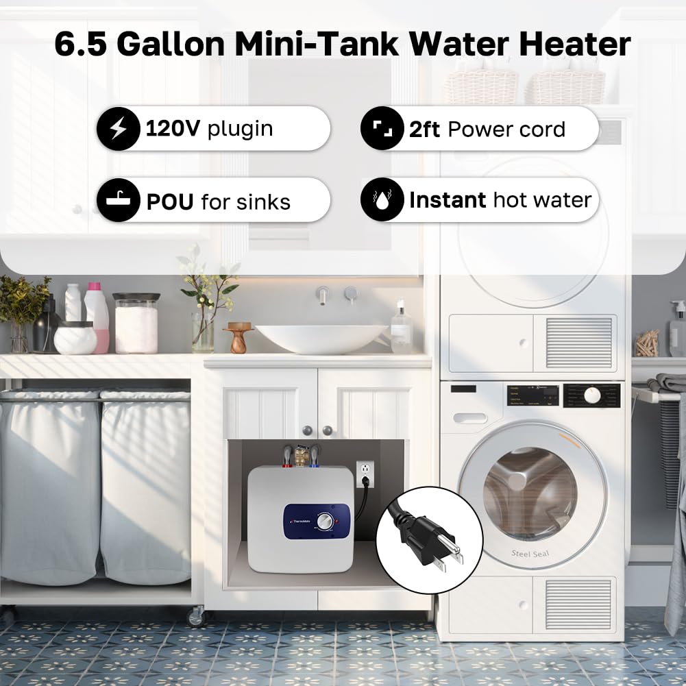 Thermomate Mini Tank Electric Water Heater ES700 Hard Wired 6.5 Gallons Point of Use Water Heater for Instant Hot Water Under Kitchen Sink 120V 1440W CAMPAERO