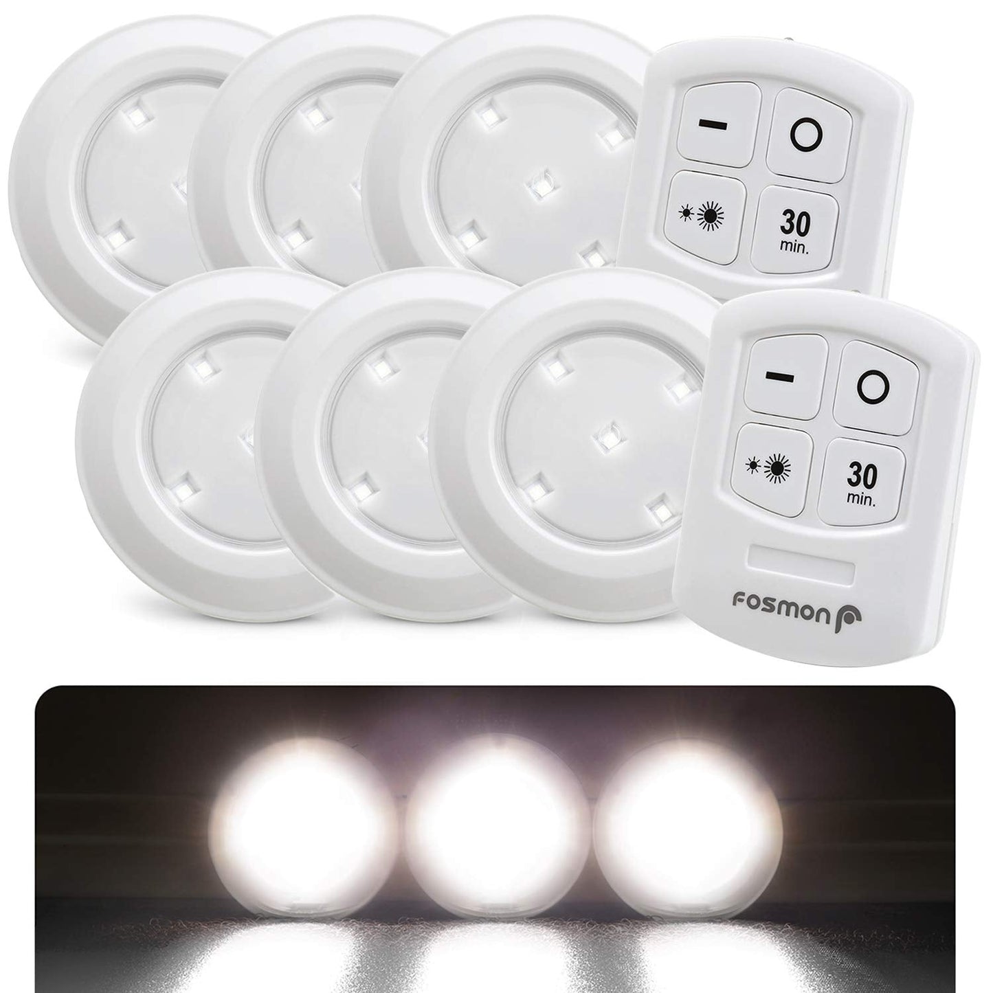 Lot de 3 spots LED sans fil Fosmon avec télécommande, éclairage sous meuble [5 LED blanc lumière du jour, large projecteur, minuterie de 30 minutes, fonctionne sur piles] CAMPAERO