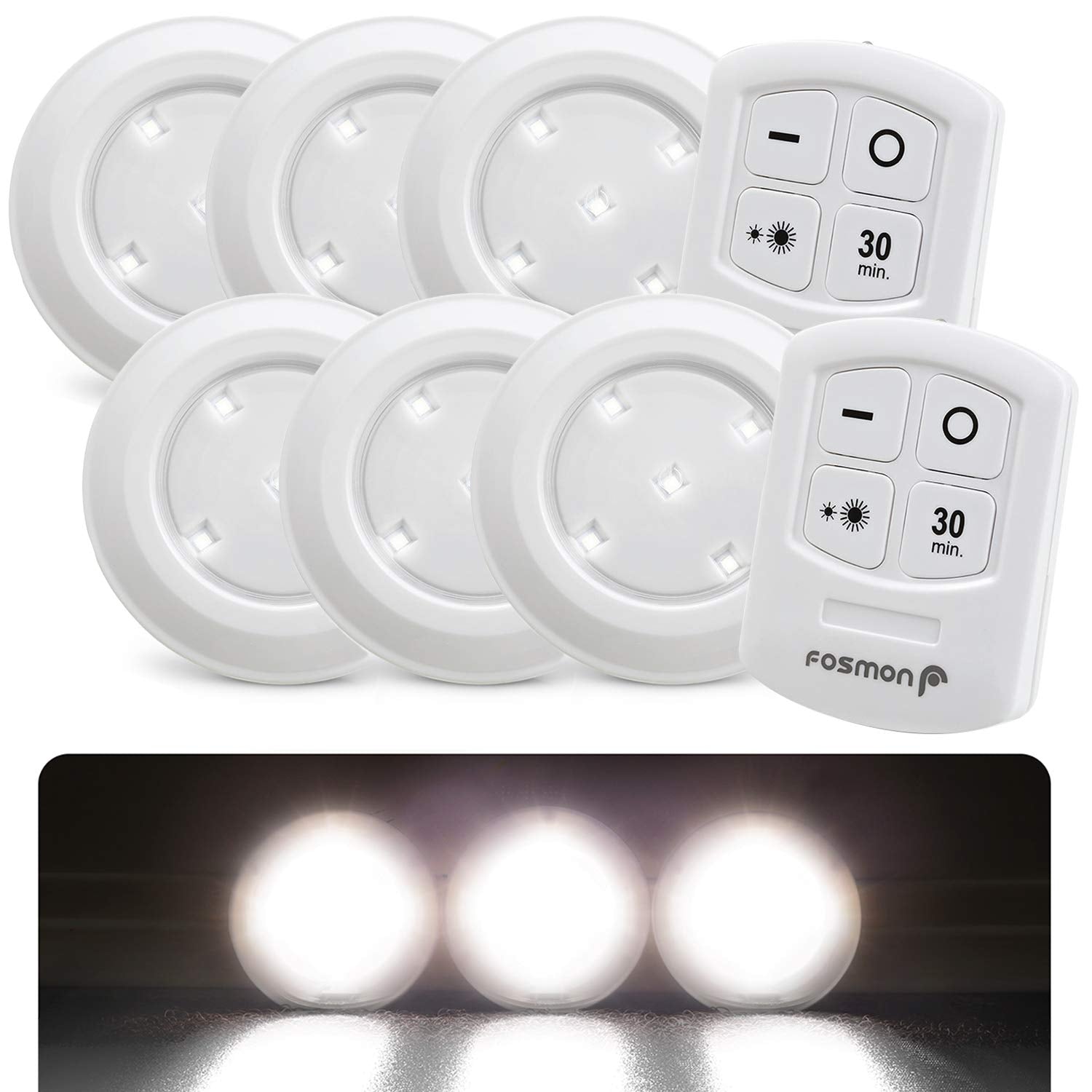 Lot de 3 spots LED sans fil Fosmon avec télécommande, éclairage sous meuble [5 LED blanc lumière du jour, large projecteur, minuterie de 30 minutes, fonctionne sur piles] CAMPAERO