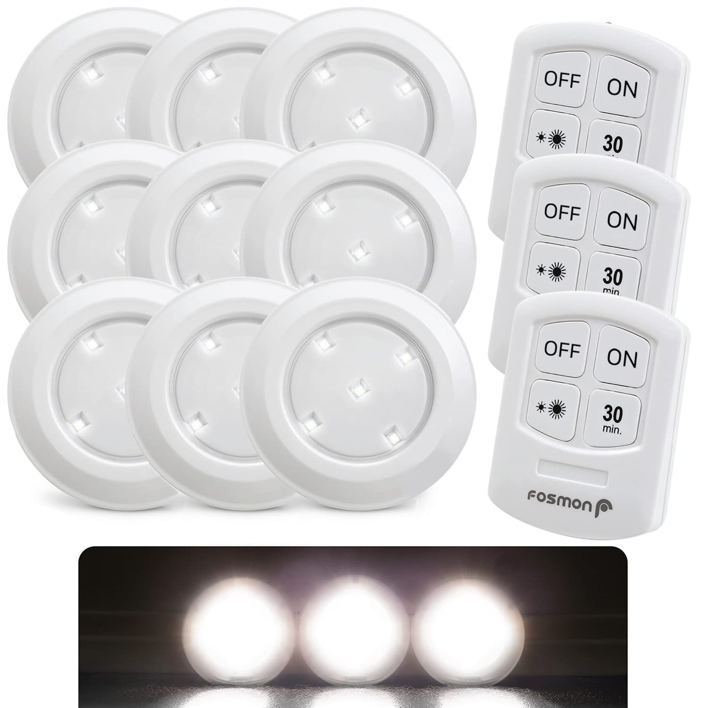 Lot de 3 spots LED sans fil Fosmon avec télécommande, éclairage sous meuble [5 LED blanc lumière du jour, large projecteur, minuterie de 30 minutes, fonctionne sur piles] CAMPAERO