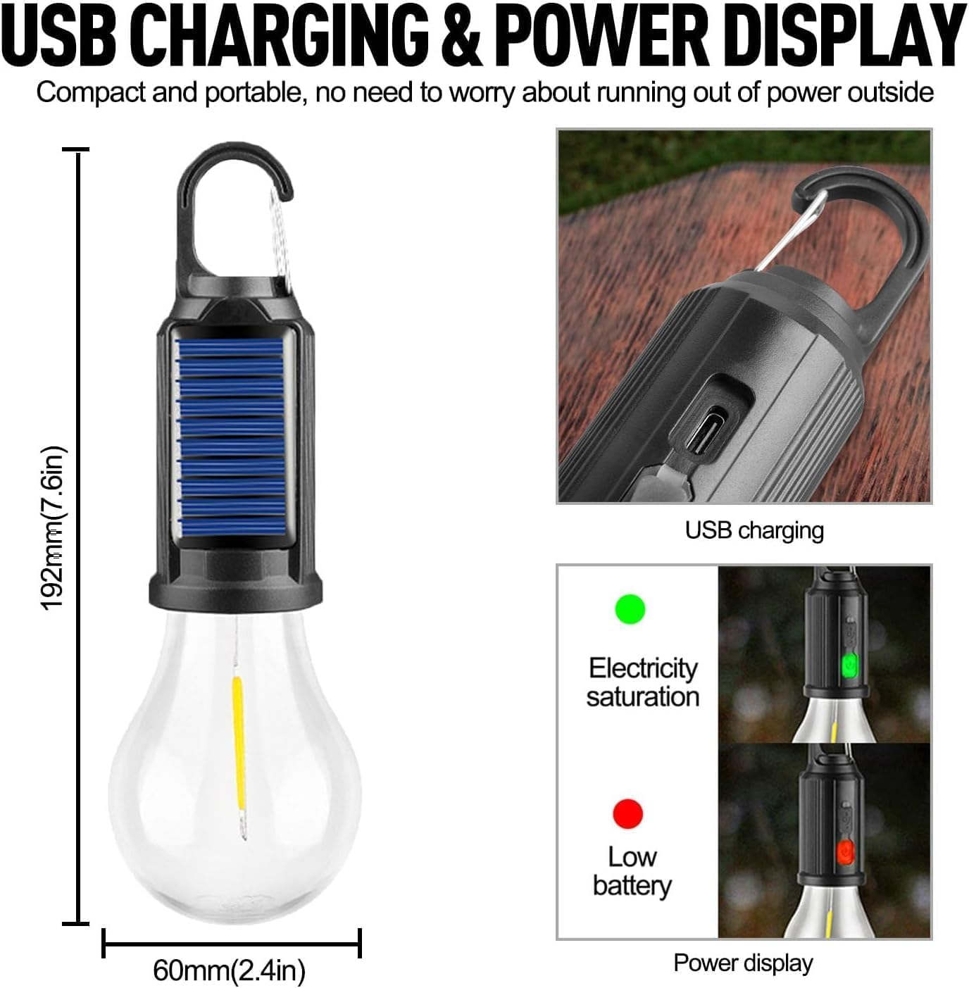 Lampe de camping solaire rechargeable à crochet au led. CAMPAERO