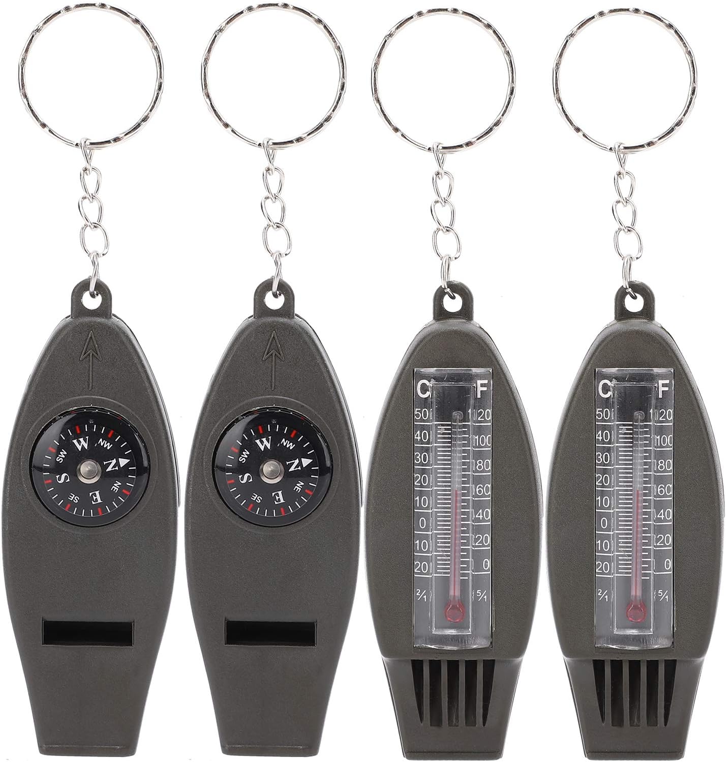 Lot de 4 sifflets multifonctions, boussole, thermomètre. CAMPAERO