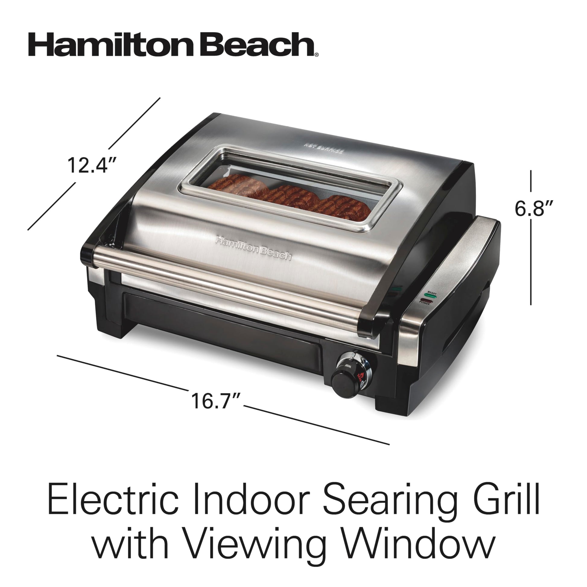 Grill électrique d'intérieur Hamilton Beach avec hublot, plaque antiadhésive amovible et facile à nettoyer, 6 portions, bac d'égouttage extra-large, acier inoxydable. CAMPAERO