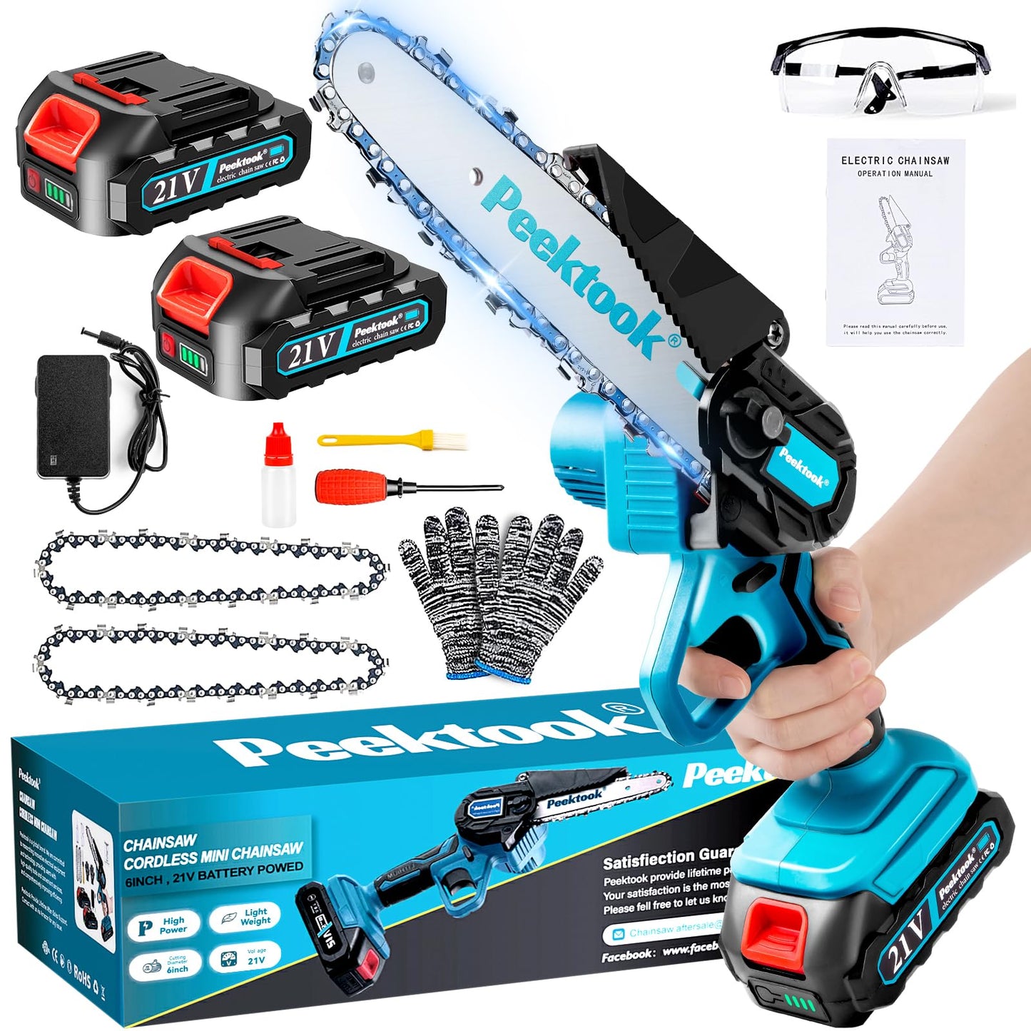 Peektook Mini Tronçonneuse Sans Fil 6 Pouces, Tronçonneuse Électrique avec 2 Grandes Batteries et 2 Chaînes, Scie à Chaîe à Batterie Tronçonneuse à Batterie Légère avec Moteur Puissant pour l'Élagage des Arbres. CAMPAERO