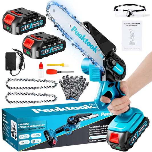 Peektook Mini Tronçonneuse Sans Fil 6 Pouces, Tronçonneuse Électrique avec 2 Grandes Batteries et 2 Chaînes, Scie à Chaîe à Batterie Tronçonneuse à Batterie Légère avec Moteur Puissant pour l'Élagage des Arbres. CAMPAERO