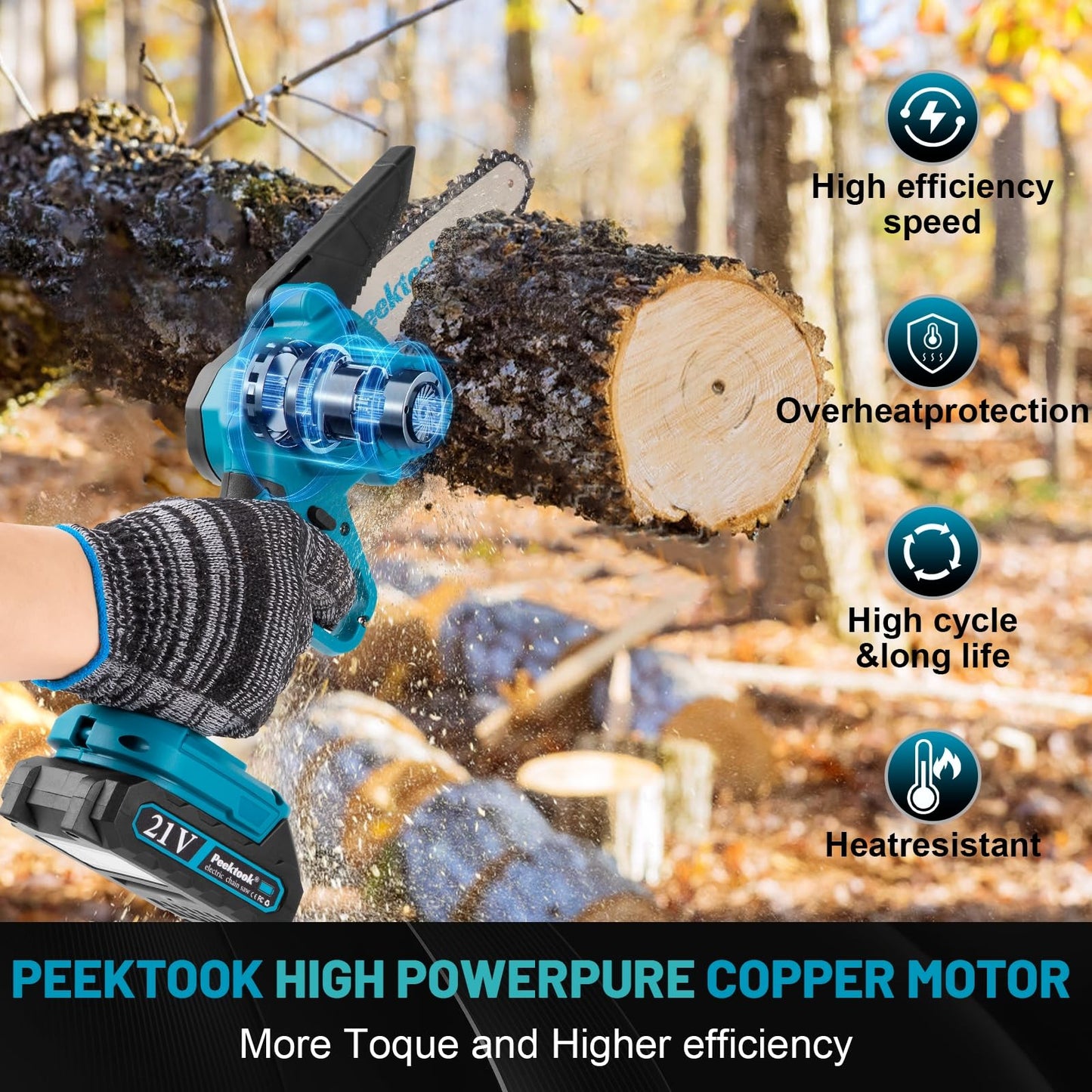 Peektook Mini Tronçonneuse Sans Fil 6 Pouces, Tronçonneuse Électrique avec 2 Grandes Batteries et 2 Chaînes, Scie à Chaîe à Batterie Tronçonneuse à Batterie Légère avec Moteur Puissant pour l'Élagage des Arbres. CAMPAERO