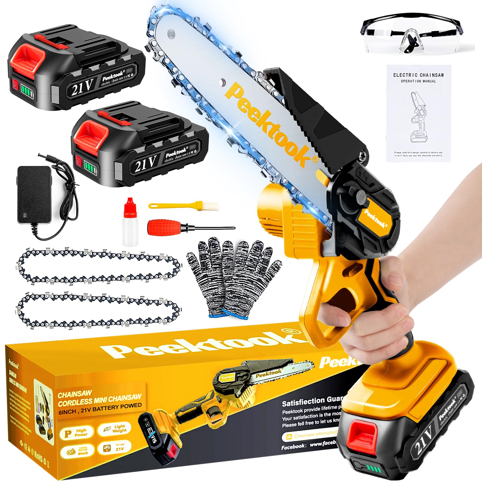 Peektook Mini Tronçonneuse Sans Fil 6 Pouces, Tronçonneuse Électrique avec 2 Grandes Batteries et 2 Chaînes, Scie à Chaîe à Batterie Tronçonneuse à Batterie Légère avec Moteur Puissant pour l'Élagage des Arbres. CAMPAERO