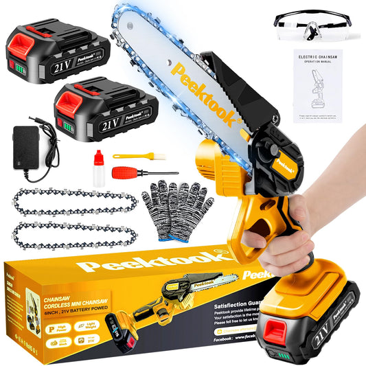 Peektook Mini Tronçonneuse Sans Fil 6 Pouces, Tronçonneuse Électrique avec 2 Grandes Batteries et 2 Chaînes, Scie à Chaîe à Batterie Tronçonneuse à Batterie Légère avec Moteur Puissant pour l'Élagage des Arbres. CAMPAERO