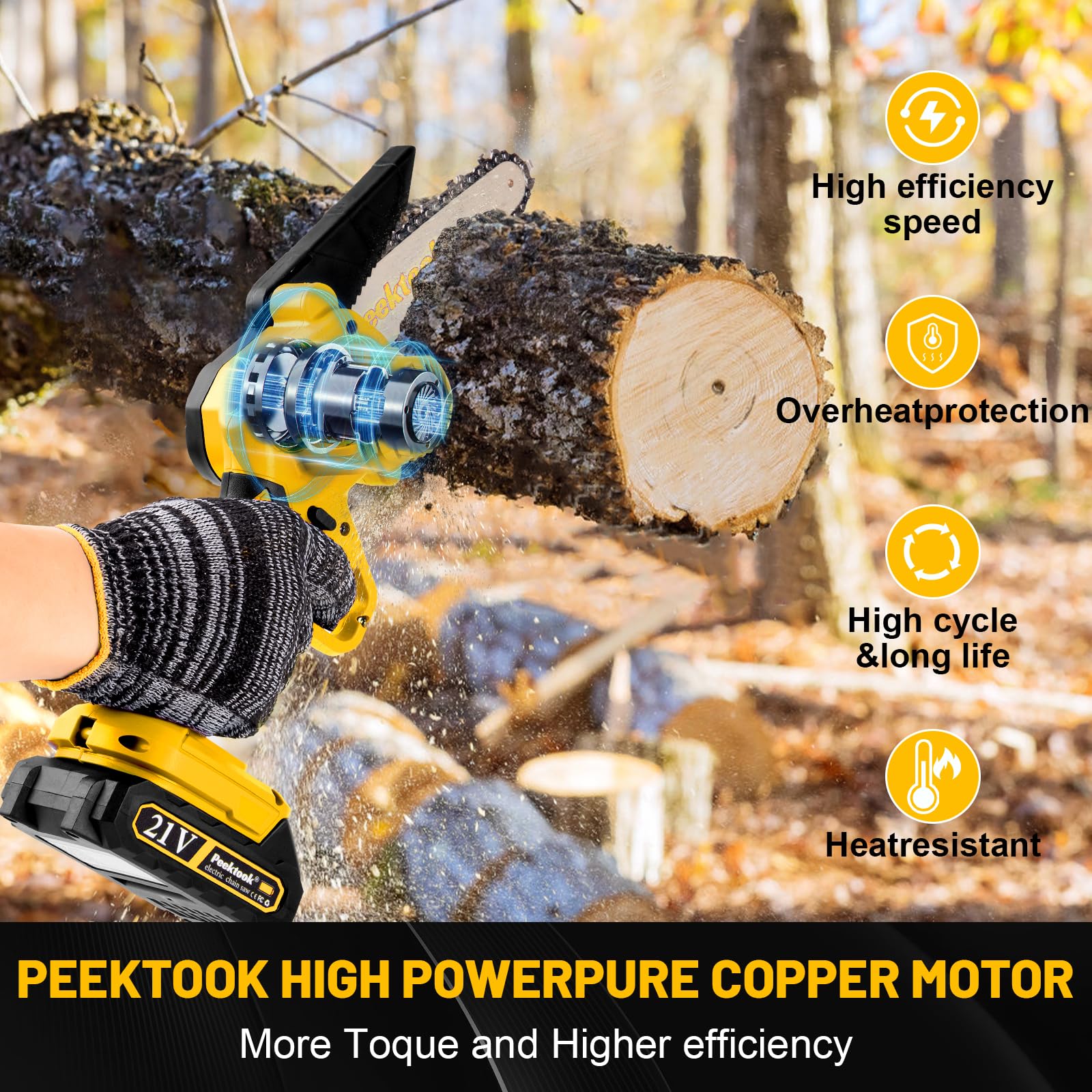 Peektook Mini Tronçonneuse Sans Fil 6 Pouces, Tronçonneuse Électrique avec 2 Grandes Batteries et 2 Chaînes, Scie à Chaîe à Batterie Tronçonneuse à Batterie Légère avec Moteur Puissant pour l'Élagage des Arbres. CAMPAERO