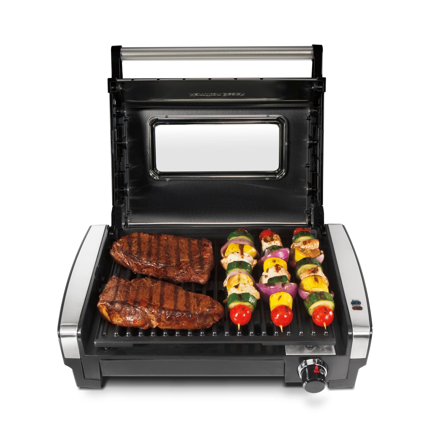 Grill électrique d'intérieur Hamilton Beach avec hublot, plaque antiadhésive amovible et facile à nettoyer, 6 portions, bac d'égouttage extra-large, acier inoxydable. CAMPAERO