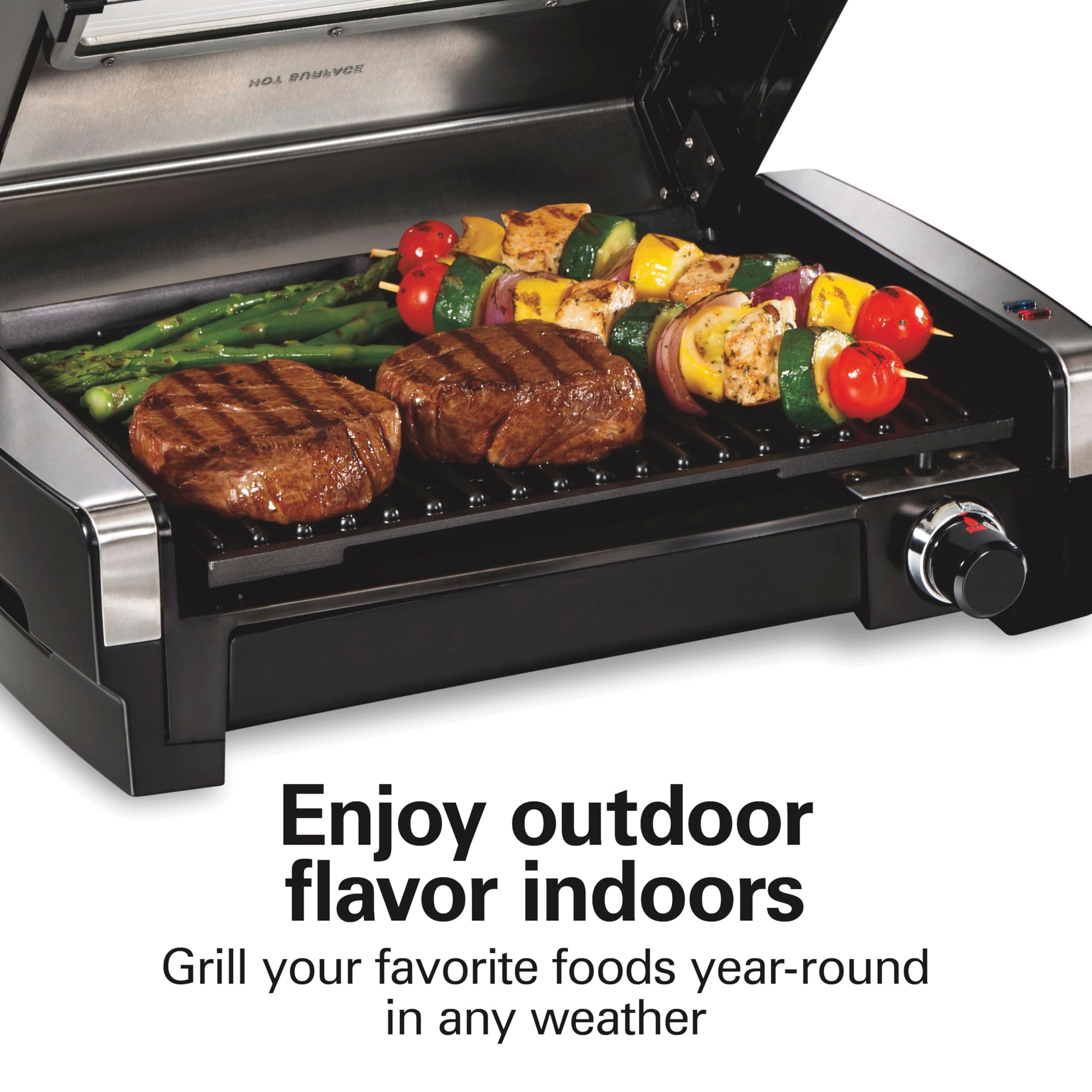 Grill électrique d'intérieur Hamilton Beach avec hublot, plaque antiadhésive amovible et facile à nettoyer, 6 portions, bac d'égouttage extra-large, acier inoxydable. CAMPAERO