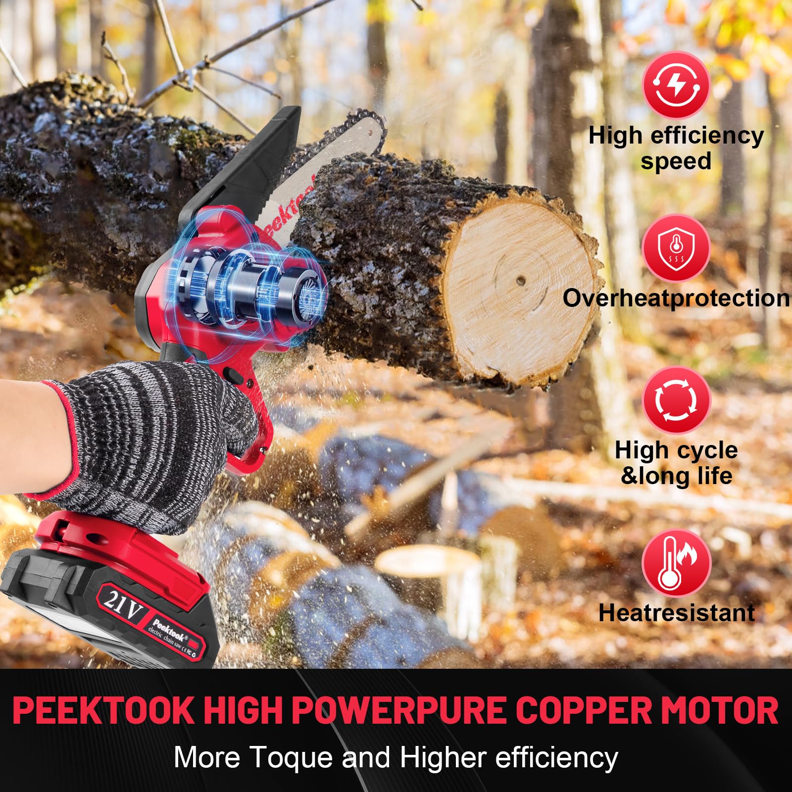 Peektook Mini Tronçonneuse Sans Fil 6 Pouces, Tronçonneuse Électrique avec 2 Grandes Batteries et 2 Chaînes, Scie à Chaîe à Batterie Tronçonneuse à Batterie Légère avec Moteur Puissant pour l'Élagage des Arbres. CAMPAERO