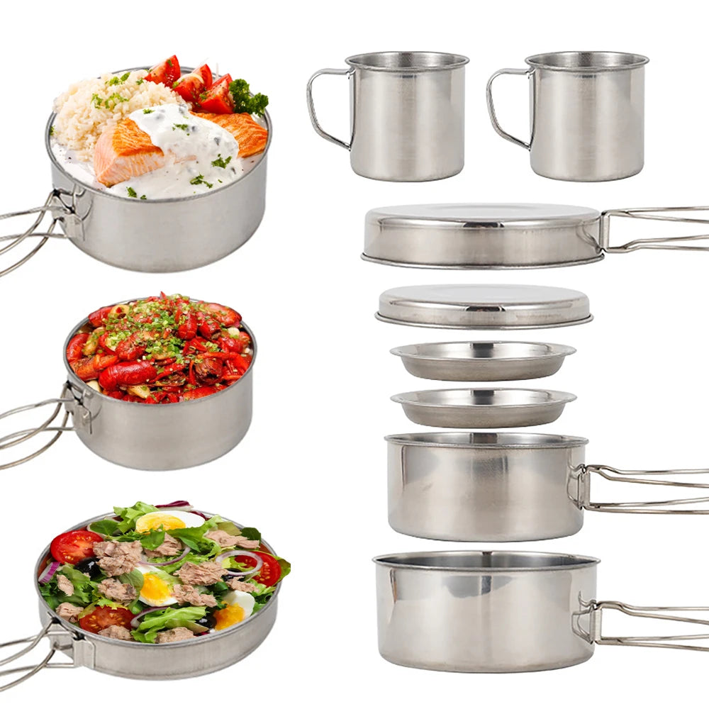 Ensemble de 8 ustensiles de cuisine de camping en acier inoxydable. CAMPAERO