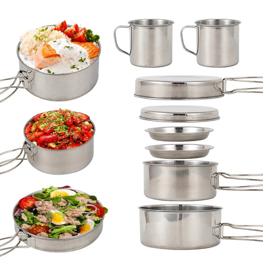 Ensemble de 8 ustensiles de cuisine de camping en acier inoxydable. CAMPAERO