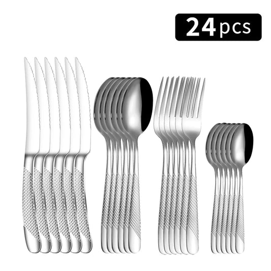 24pc Stainless steel tableware star steak knife and fork dessert fork spoon family suits CAMPAERO