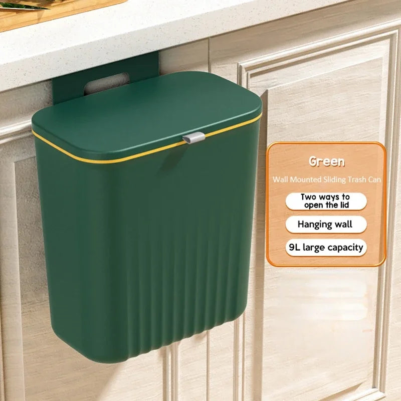 9L Wall Mounted Trash Can Household Waste Bin Hanging Bathroom Trash Can With Lid Food Garbage Bin Kitchen Accessories CAMPAERO