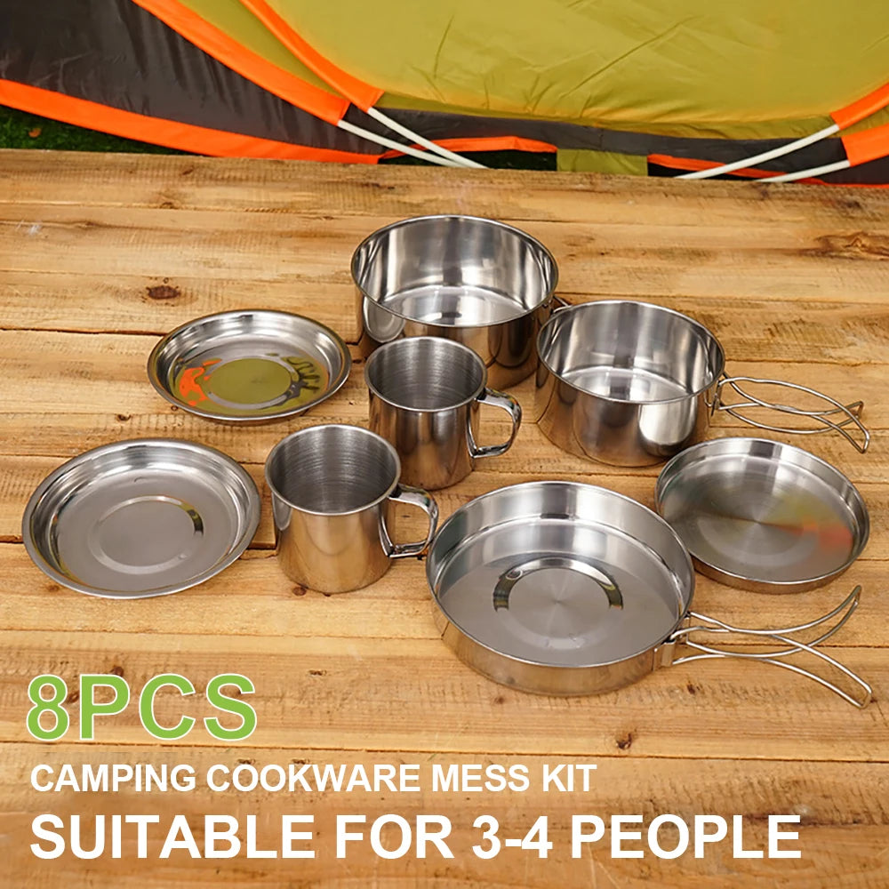 Ensemble de 8 ustensiles de cuisine de camping en acier inoxydable. CAMPAERO