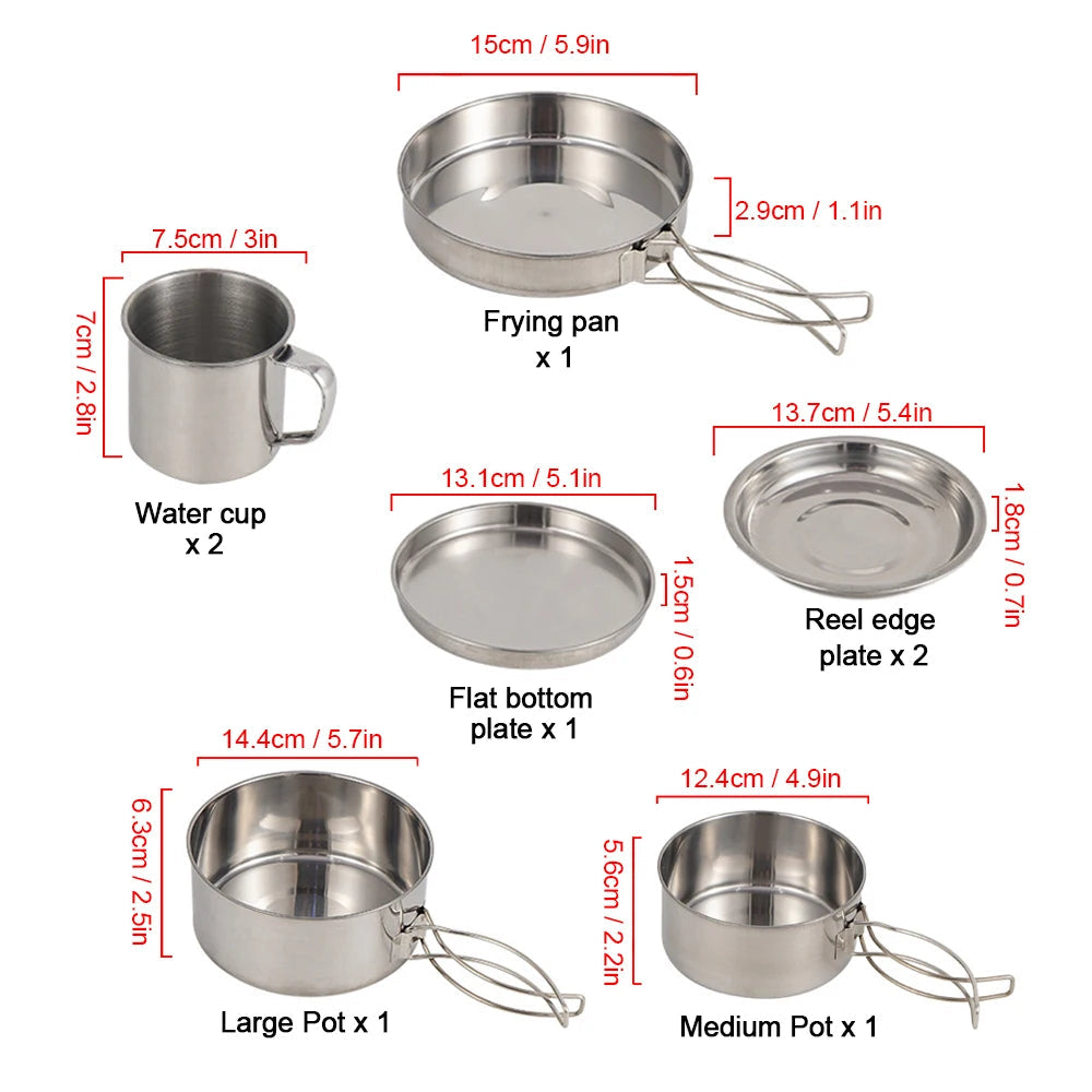 Ensemble de 8 ustensiles de cuisine de camping en acier inoxydable. CAMPAERO