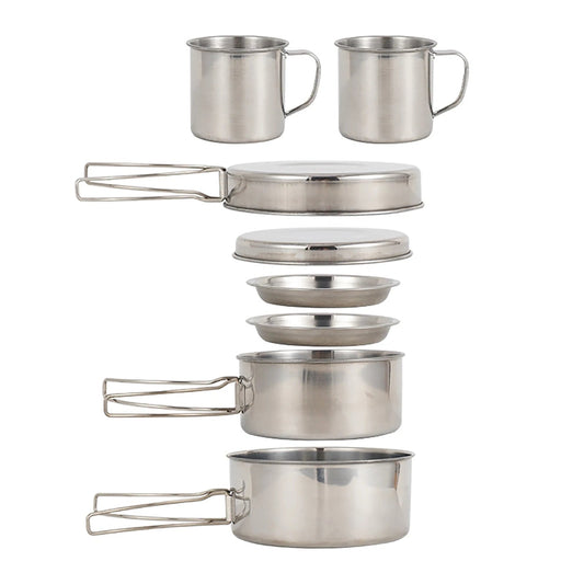 Ensemble de 8 ustensiles de cuisine de camping en acier inoxydable. CAMPAERO