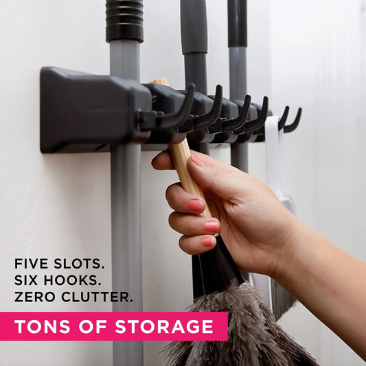 Wall Mounted Mop Holder 3/4/5 Position Multi-Functional Broom Hanger Shelf Home Kitchen Storage Black Magic Plastic Mop Holder CAMPAERO