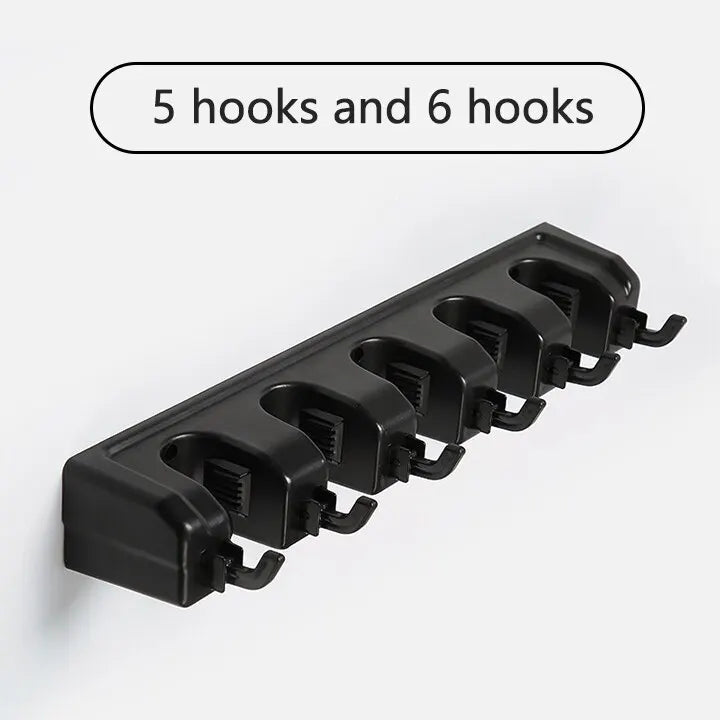 Wall Mounted Mop Holder 3/4/5 Position Multi-Functional Broom Hanger Shelf Home Kitchen Storage Black Magic Plastic Mop Holder CAMPAERO