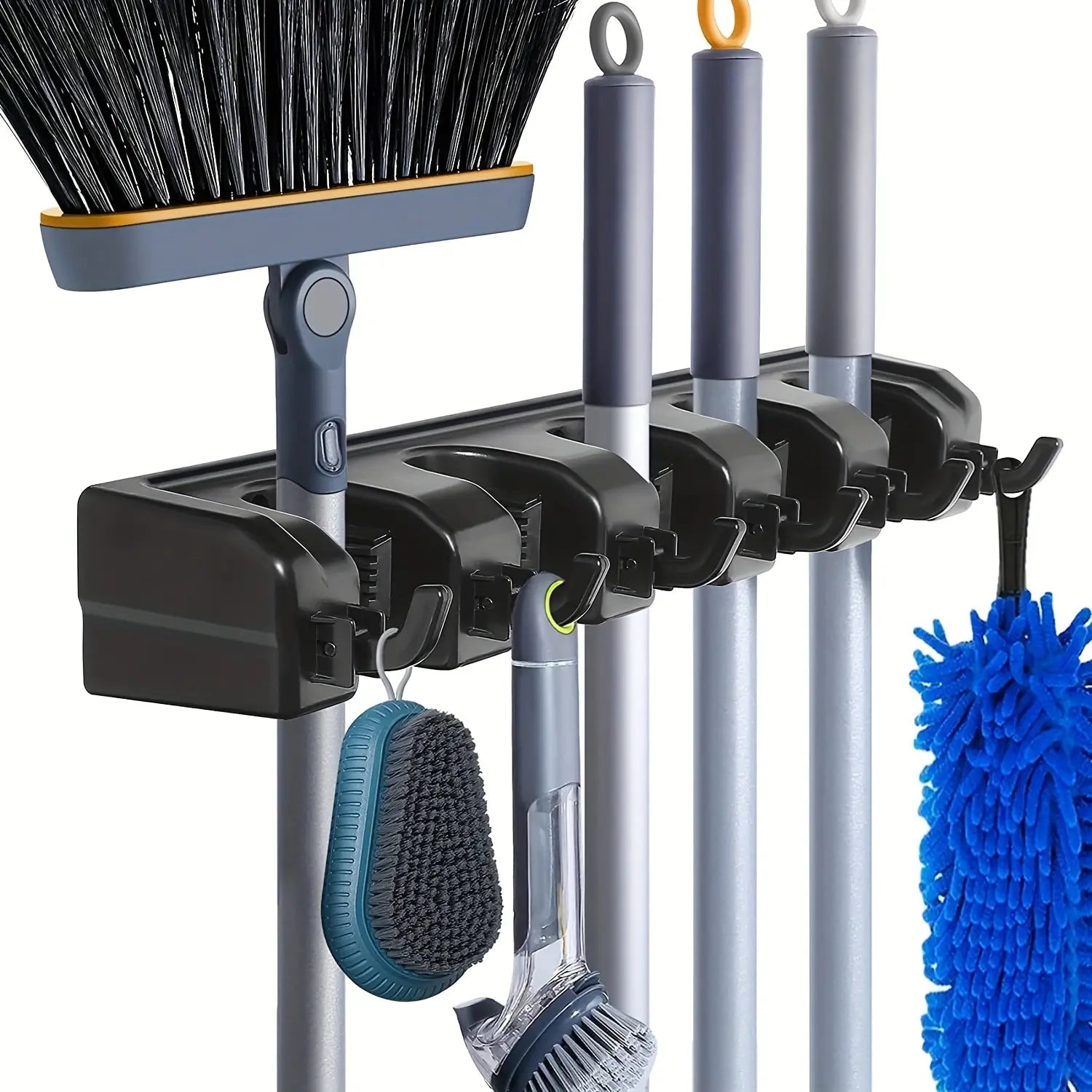 Wall Mounted Mop Holder 3/4/5 Position Multi-Functional Broom Hanger Shelf Home Kitchen Storage Black Magic Plastic Mop Holder CAMPAERO
