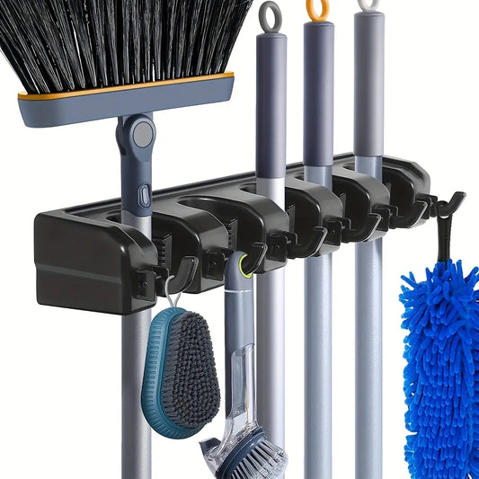 Wall Mounted Mop Holder 3/4/5 Position Multi-Functional Broom Hanger Shelf Home Kitchen Storage Black Magic Plastic Mop Holder CAMPAERO