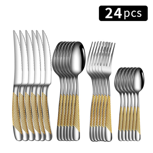 24pc Stainless steel tableware star steak knife and fork dessert fork spoon family suits CAMPAERO