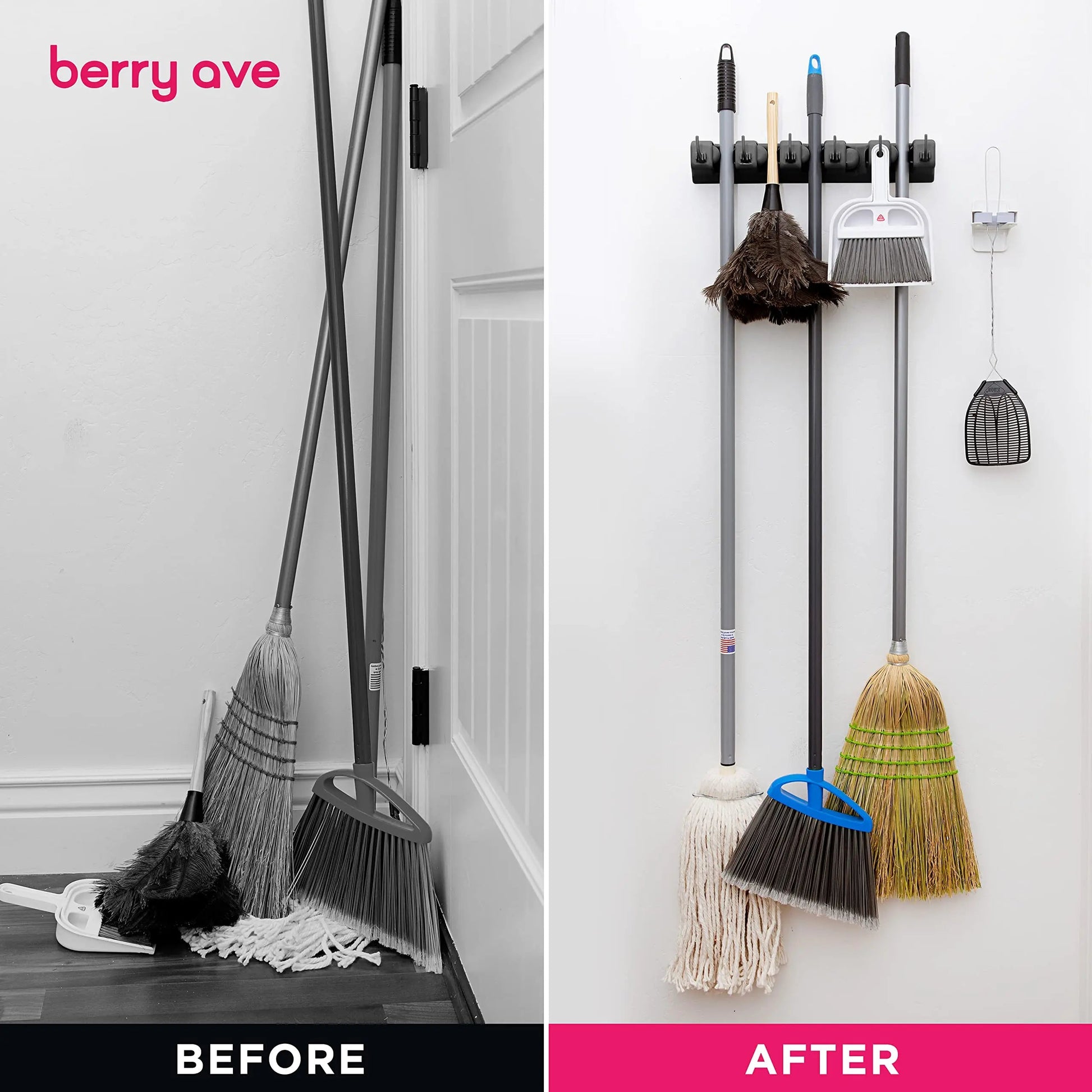 Wall Mounted Mop Holder 3/4/5 Position Multi-Functional Broom Hanger Shelf Home Kitchen Storage Black Magic Plastic Mop Holder CAMPAERO