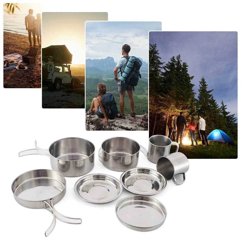 Ensemble de 8 ustensiles de cuisine de camping en acier inoxydable. CAMPAERO