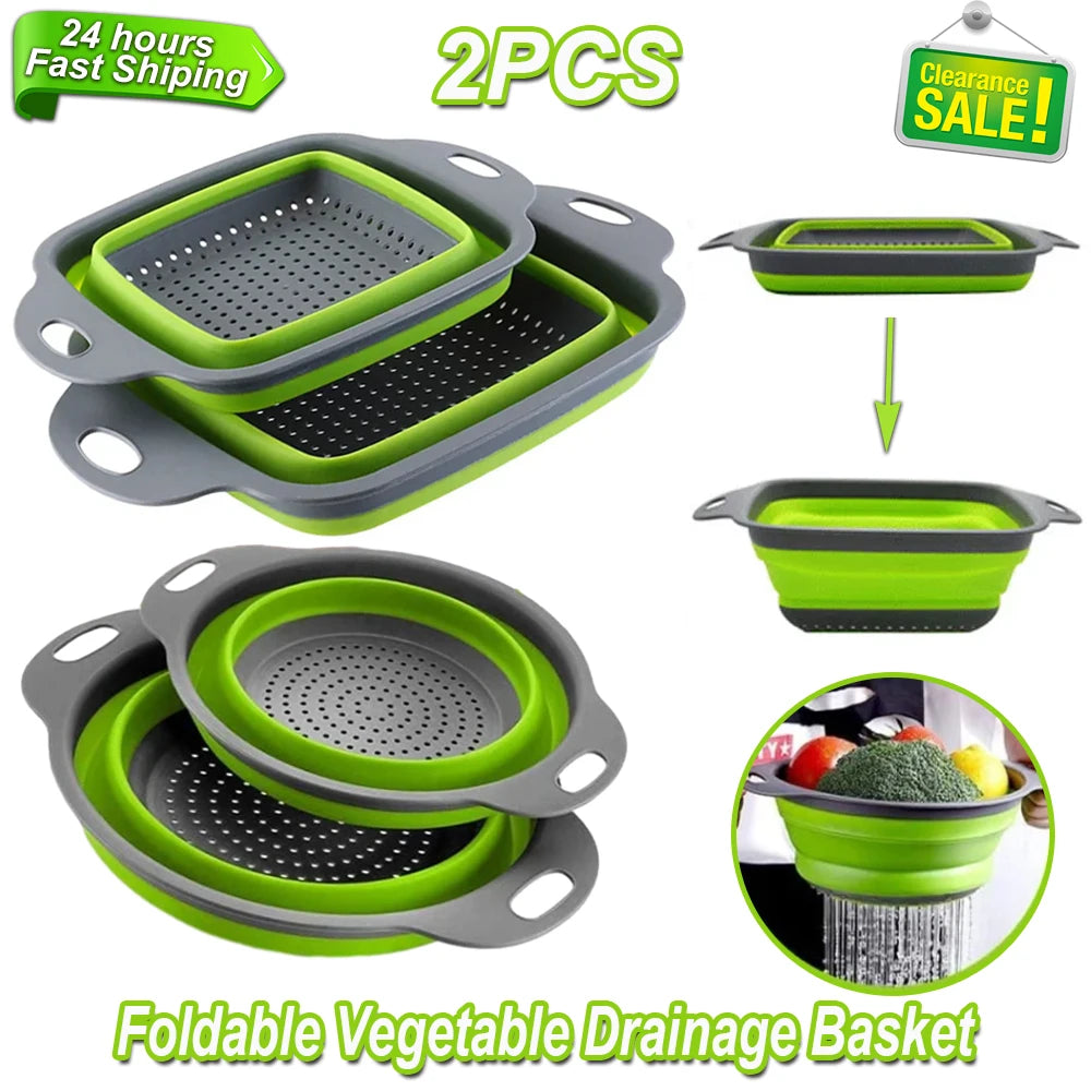 2PCS Silicone Folding Drainer Basket Fruit Vegetable Foldable Colander Kitchen Strainer for Food Pasta Kitchenware Drain Device CAMPAERO