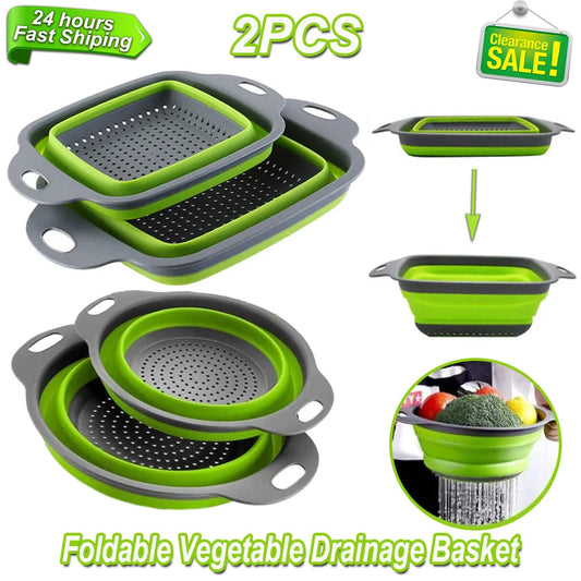 2PCS Silicone Folding Drainer Basket Fruit Vegetable Foldable Colander Kitchen Strainer for Food Pasta Kitchenware Drain Device CAMPAERO
